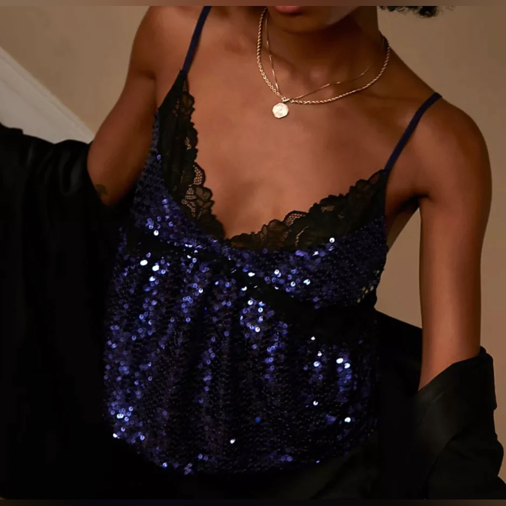 Navy sequin lace free people top